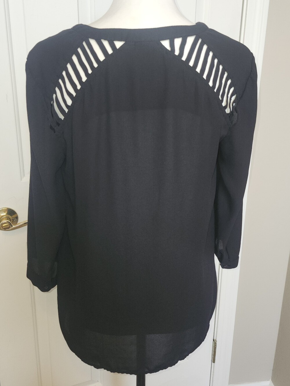 Bongo Black Semi Sheer Blouse, Cutouts At Shoulders, Zip Neck, M - Picture 4 of 7